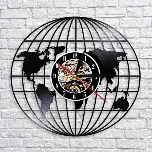 World Earth Map Wall Clock 3D Globe Map of Earth Mounted Vinyl Record Wall Clock with Illuminated LED Night Light Home Decor