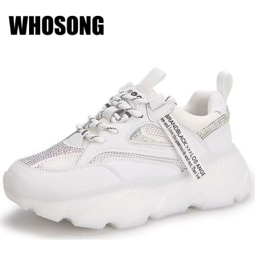 New Women Sport Sneakers Woman Platform Shoes Female Real Leather Brand Shoes Ladies White Rhinestone Chunky Sneakers Trainers