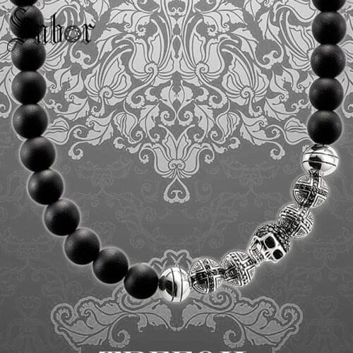 Strand Necklace Obsidian Beads Skull & Cross Fashion silver color Jewelry Punk Gift For Men Women Boy Girls Kolye thomas