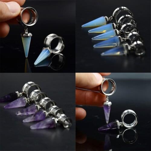 PAIR Organic Opal Stone Dangling Double Flared Ear Plugs Internally Ear Plugs Tunnels Expander Stretcher Body Piercing Jewelry