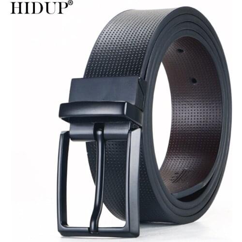 HIDUP Quality Design Rotating Buckle Pin Buckle Metal Belts Men Double-side Black Genuine Leather Belt 3.3cm Width NWJ1070