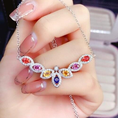 Romantic cute peacock Natural Multicolor sapphire Necklace natural gemstone Pendant Necklace S925 silver woman anniversary gift