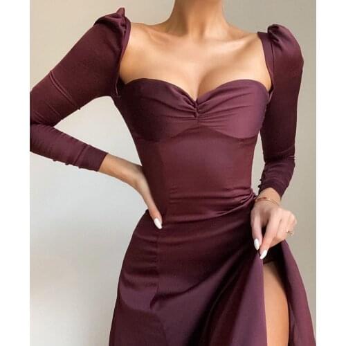 Wine Red Color Mom Long Dress Sexy Bodycon Full Sleeves Vestidos Mujer Vintage Dress Square Neck