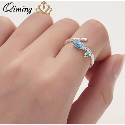 QIMING Enamel Blue Leaf Branch fashion Rings for Women Female Resizable Wedding Engagement Ethnic Rings DropShipping Jewelry