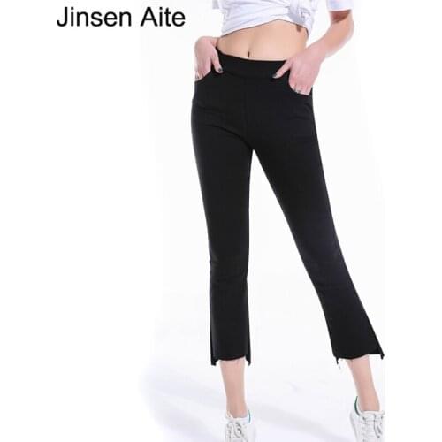 Jinsen Aite Plus Size S-5XL Womens Summer Slim Skinny Flare Pants Elastic Waist Ankle-Length Pants Office Lady Trousers JS176