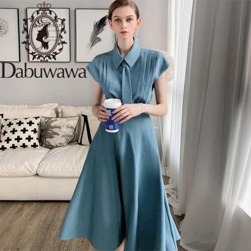 Dabuwawa Blue Tie Pleated Shirt Top Long A-Line Skirt Set Women Short Sleeve Elegant Two Pieces Sets Office Lady DT1BSA008