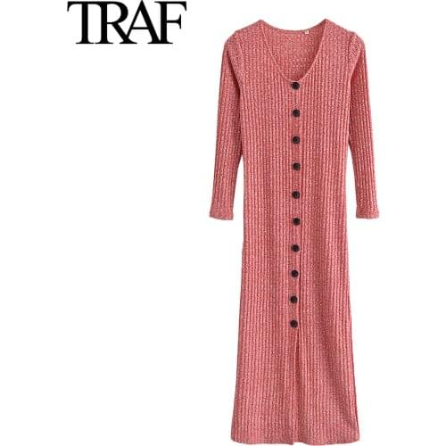 Traf Za Women Fashion Autumn Winter Sweater Dress Sexy Bodycon Long Dresses V-neck Breasted Knitted Dress Vestido Feminino