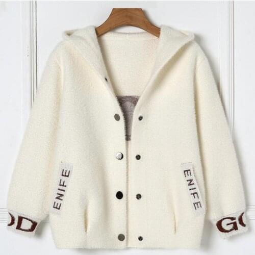 Zuolunouba Winter Clothes Fashion Women Mink Cashmere Coat Hooded Letters God Harajuku Wild Loose Knitting Coat Female