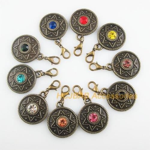 10 New Star 22x26.5mm Charms Mixed Round Crystal Antiqued Bronze Tone Retro With Lobster Claw Clasps