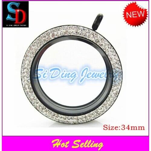 2015 New style black floating glass lockets face with pave crystals stainless steel floating round magnetic locket 34mm