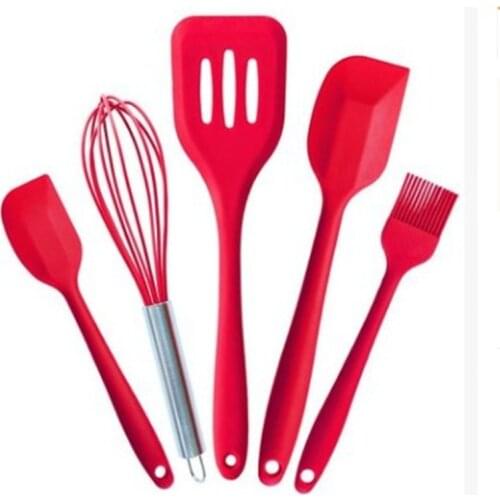 5Pcs/Set Red Silicone Cooking Tool Sets Egg Beater Spoon Spatula Oil Brush Kitchenware Kitchen Utensils Sets with Box