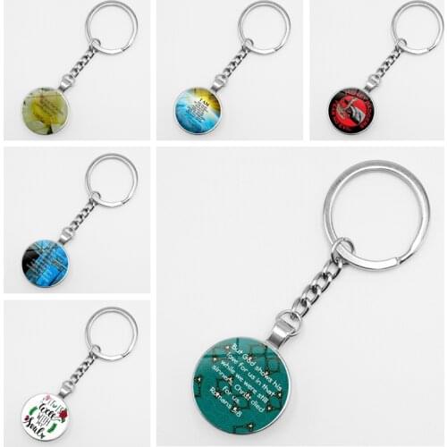 Long Keychain Christian Church Bible Scripture Text Glass Round Keychain Fashion Key Ring Pendant Pendant Christian Jewelry Gift