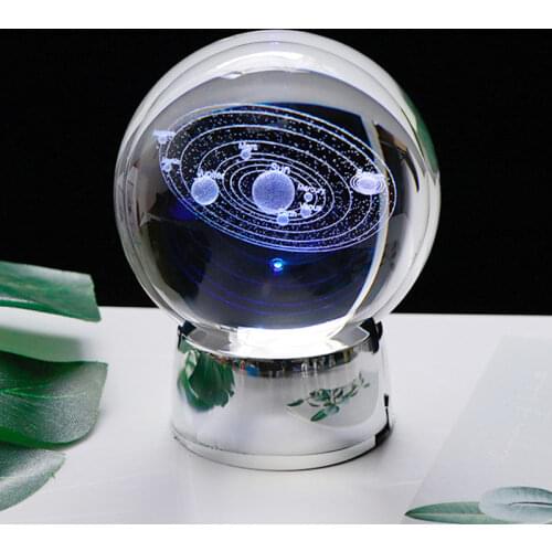 60/80/100mm Crystal Solar System Planet Ball 3D Laser Engraved Sun System Ball with a Touch Switch LED Light Base Cosmic Model