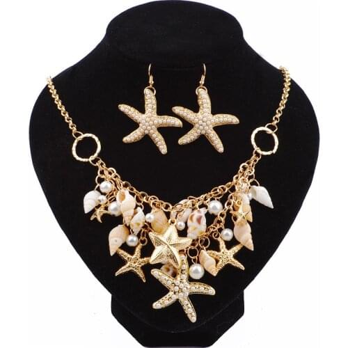 Best Selling Starfish Jewellery sets Charms Imitation Pearl Shell Necklace earrings Boho Gold Color Bracelet Beach Jewelry Set