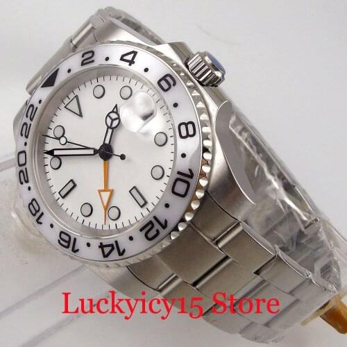 BLIGER GMT Automatic Men Watch White Dial Rotating Bezel Date Display Brushed Oyster Strap Screwdown Crown