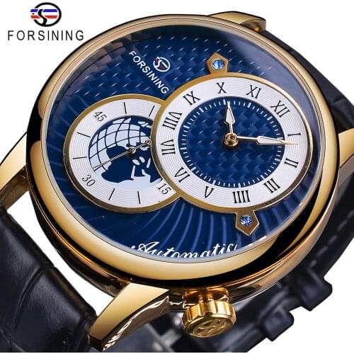 Forsining Blue Dial Men Automatic Watch Waterproof Black Genuine Leather Band Luminous Hand Mechanical Clock Sport Wristwatch