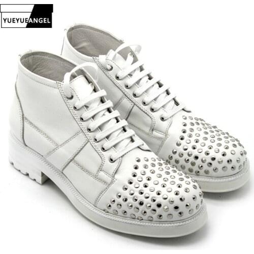2020 Rivet Thicken White Boots Men England Style Lace Up Handmade Cow Leather Ankle Boots Casual High Top Sneakers Botas Hombre
