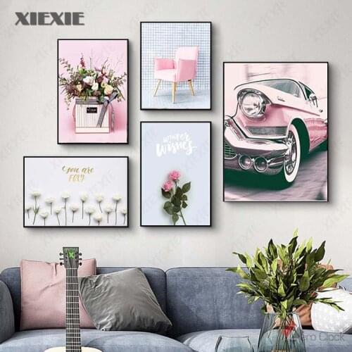Pink Car Wall Art Rose Flower Canvas Paintings Wall Art Poster Decorative Pink Canvas Prints for Girls Room Decoration