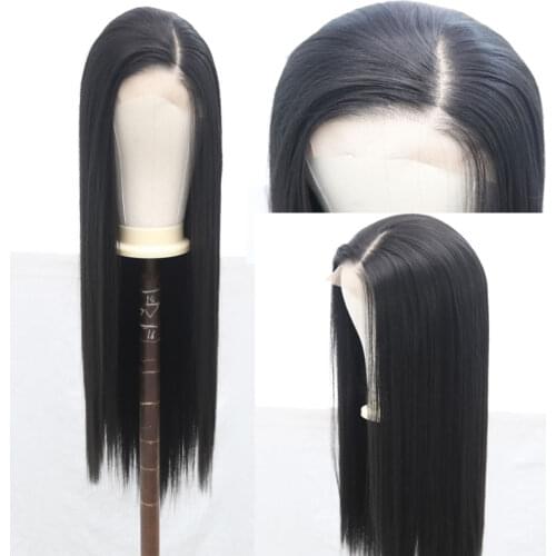 Natural Black Synthetic Lace Front Wig Long Straight Glueless Heat Resistant Fiber Hair Natural Hairline Side Part For Women Wig