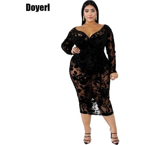 Autumn Women Plus Size Dresses Elegant V Neck Sheer Mesh Floral Midi Bodycon Dress Long Sleeve Night Club Sexy Party Dress 6XL