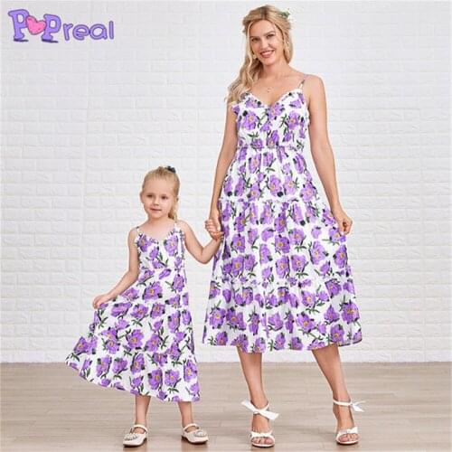 PopReal Summer Fashion Flowers Print Family Matching Outfits Girl Sling Dress Mother And Daughter Outfits Mom Daughter Dress