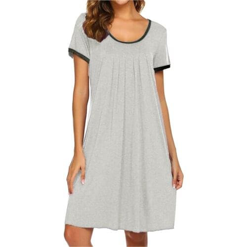 Plus Size Loose Nightgowns for Women Nightdress Casual Plain Pleated O Neck Pajamas Loose Sleepwear Dress