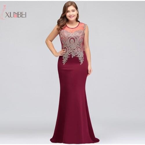 Luxury Burgundy Plus Size Mermaid Long Prom Dresses 2019 Gold Applique Sleeveless Prom Gown Vestido de gala