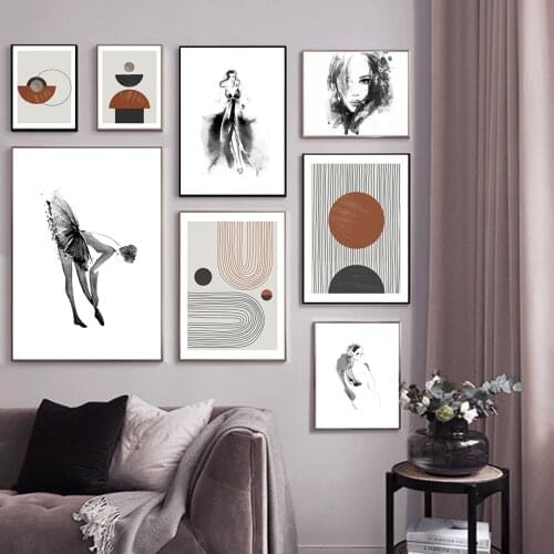 Modern Geometry Abstract Canvas Painting Wall Art Picture Black and White Lady Figure Poster and Print Living Room Home Decor