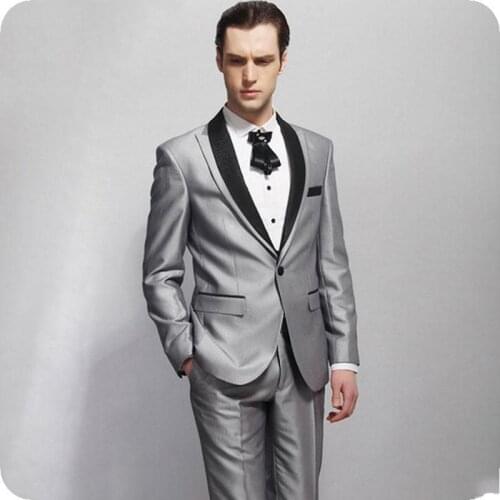High Quality One Button Shiny Silver Gray Groom Tuxedos Peak Lapel Groomsmen Men Blazers Suits (Jacket+Pants+Tie) NO:406
