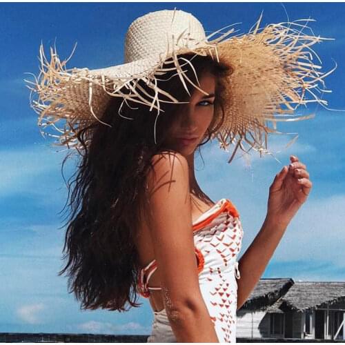 Natural Large Wide Brim Floppy Hat Raffia Jazz Straw Hat Women Summer Fringe Beach Cap Hand Weave Sun Hat