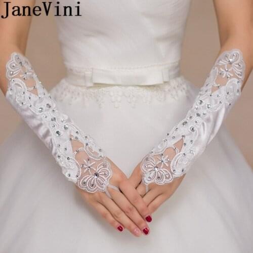JaneVini 2018 Beaded Satin Long White Gloves Fingerless Lace Bride Wedding Long Gloves Women Bridal Dress Accessories Liga Novia