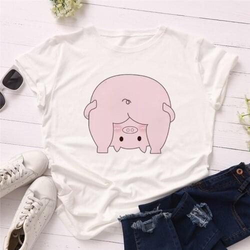 LUSLOS New Women T Shirts Short Sleeve Summer Pink Pig Print Kawaii Polyester Tshirts Graphic Tees Girls Women Tops and Tees