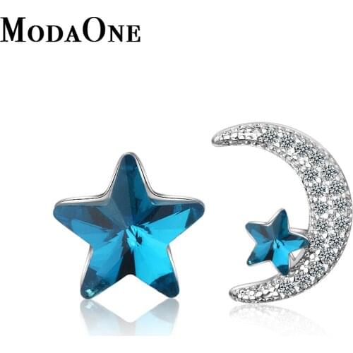 ModaOne Korean Blue Star Moon Crystal Sterling Silver Stud Earrings For Women Fashion Trendy Jewerly Aretes De Mujer