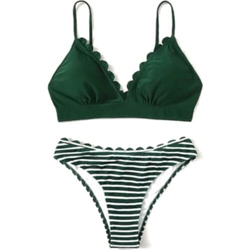 Womens Sexy Dark Green Lace e Swimsuit Striped Bikini Panty Swimming Suit Set