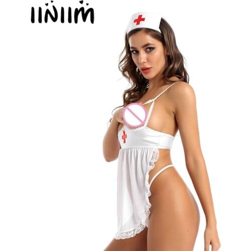 Womens Ladies Mesh Patchwork Nurse Exotic Costumes Lingerie Set Fancy Lace Trimming Babydoll with T-Back Thongs Briefs Headband