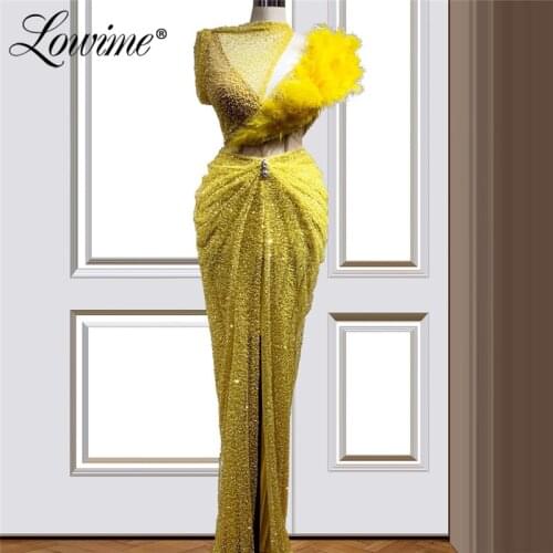 Feathers Yellow Beaded Evening Dress 2020 Robe De Soiree Dubai Kaftans Turkish Party Dresses Mermaid Long Prom Dresses Vestidos