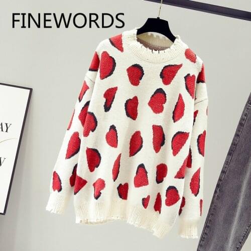 FINEWORDS Kawaii Heart Printed Winter Woman Sweaters Casual Streetwear Jumper Knitted Pullover Vintage O Neck 2020 sweter damski
