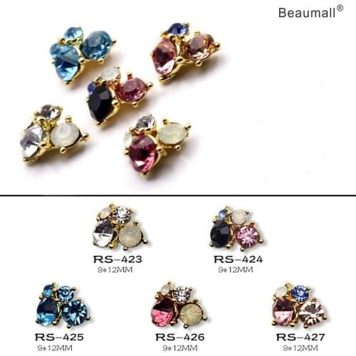 10pcs/lot, 3d Nail Art Fashion Designs Gold Alloy With Stacked Colorful Crystal Rhinestones Nail Tips Beauty