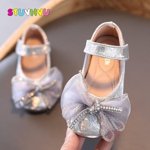 2021 New Children Shoes Leather Pearl Bow Shining Kids Princess Shoes Baby Girls Shoes for Party and Wedding Dance Flats 21-30