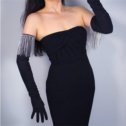 2020 New 70cm Rhinestone Extra Long Gloves Tassel Chain AAA Diamond Imitation Leather Suede Matte Black Womans Gloves WJP09-70