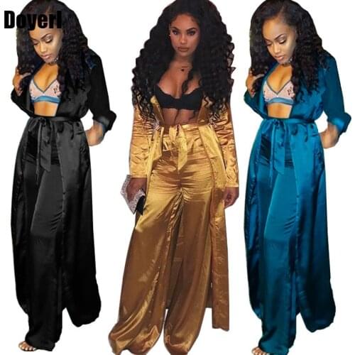 Satin Two Piece Set Women Fashion Long Kimono Cardigan Trench Coat and Wide Leg Pants Set Ladies Trousers Suits 2 Piece Outfits