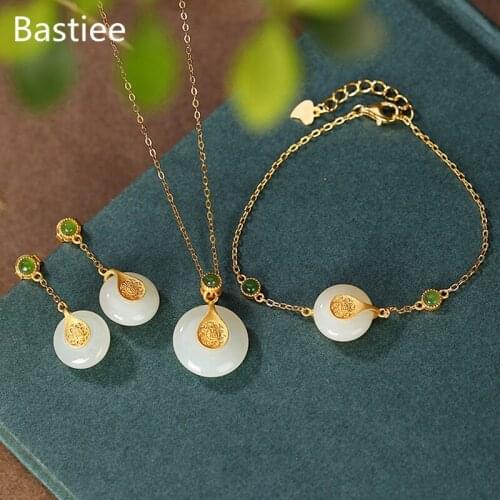 Bastiee Golden Plated 925 Sterling Silver Jewelry Sets For Women Jade Pendant Necklace Drop Earrings Bracelet Luxury Gifts