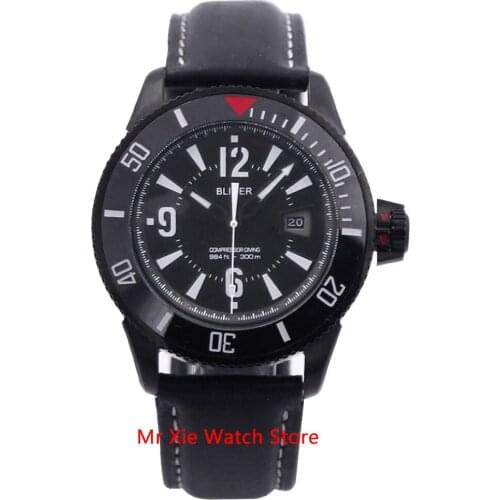 Bliger 43mm Automatic Mechanical Watch Men Luxury Brand Luminous Waterproof PVD Case Leather Strap Calendar Wristwatches Men