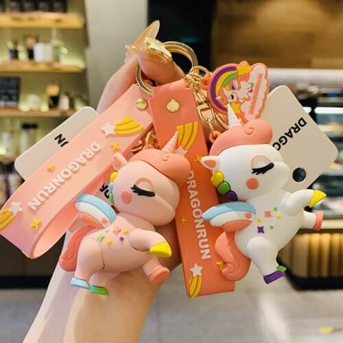 Cartoon Unicorn Horses Animal Rainbow Keychain Keyring Rubber wristband Anime Lovely Girl Accessories Key Chains Pendant D771