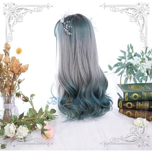 Gradual Black Green Gray Lolita Wig Harajuku Fairy Cosplay Bangs Curly Body Wave Long Sweet Fringe Adult Girls Hair
