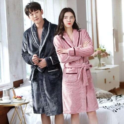 2020 Thicken Lovers Couple Flannel Robe Winter Long Sleeve Bathrobe Women Men Nightgown Lounge Sleepwear Night Home Bath Robe