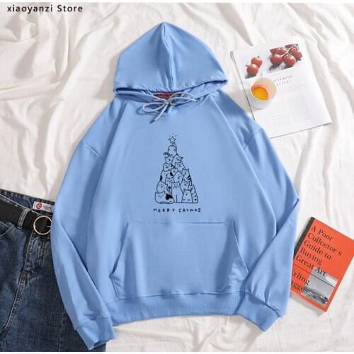 Merry Christmas hoodies Women Funny Print Kittey Trees Kawaii Festival sweatshirts Casual Graphic Womens Clothing pullovers