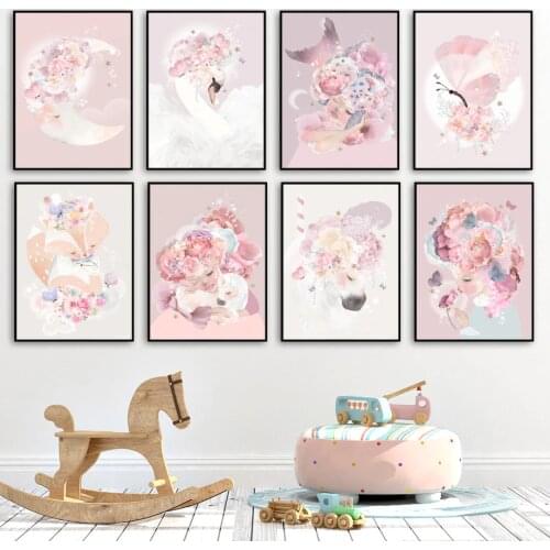 Wall Art Canvas Painting Pink Flower Little Girl Moon Flamingo Fox Nordic Posters And Prints Wall Pictures Baby Kids Room Decor