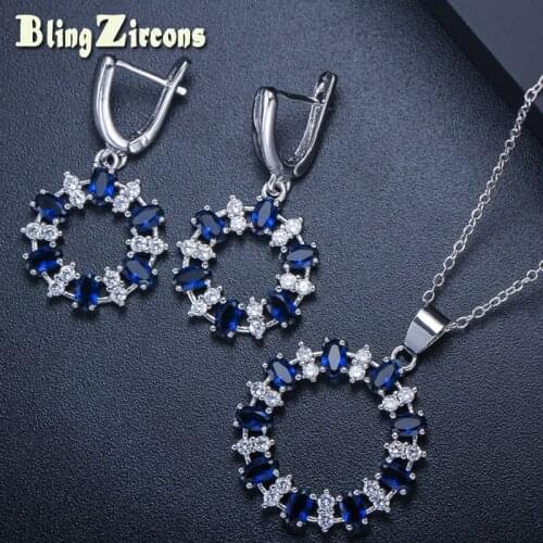 BeaQueen Trendy Big Round Dark Blue Earrings Necklace Oval Round Cubic Zirconia Crystal Party Jewelry Sets for Women JS133
