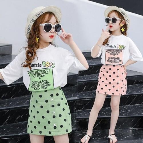 Summer Clothes For Girls Short Sleeve T Shirt + Polka Dot Short Skirt 2 PCS Sets Teen Girls Outfits Fashion Childrens Clothing